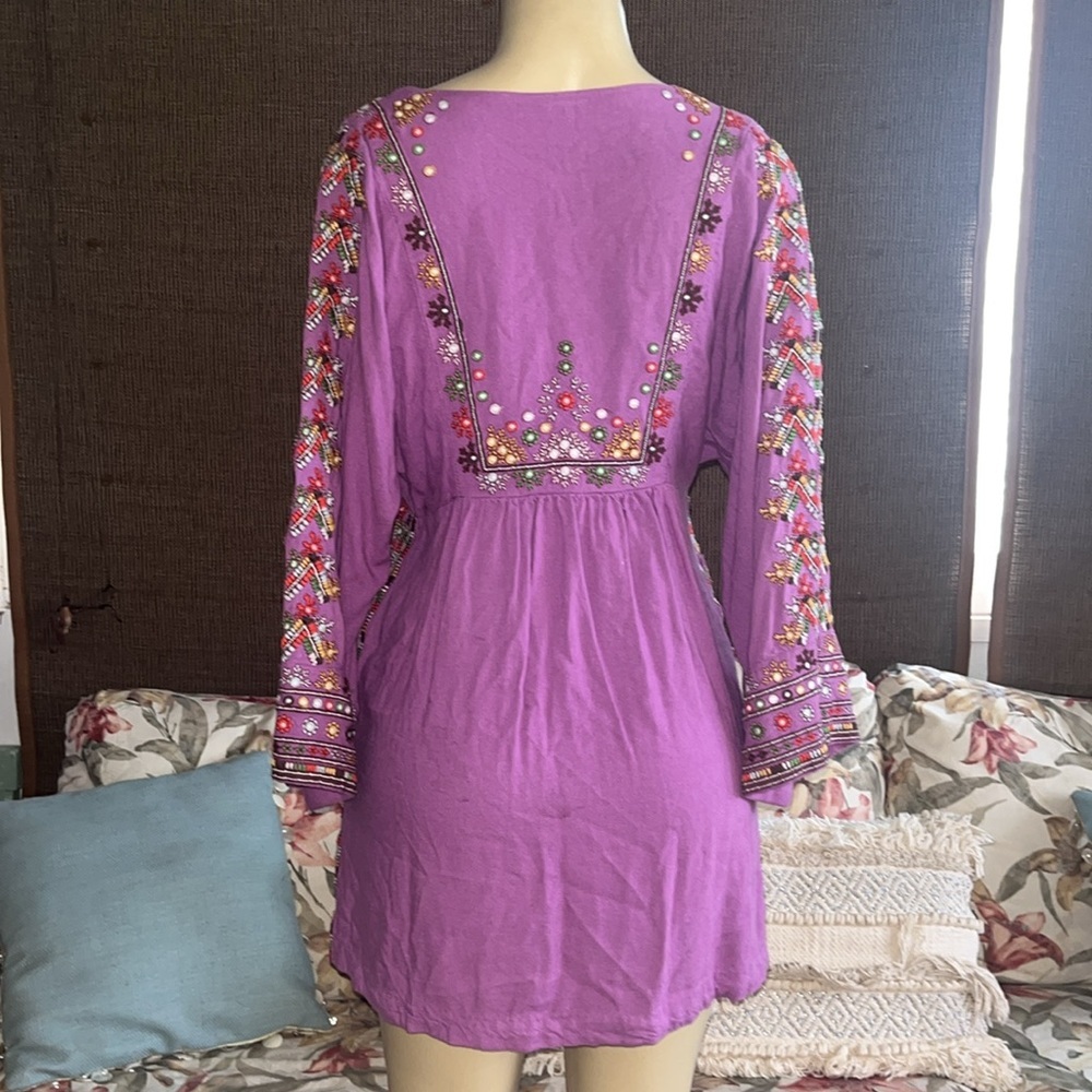FREE PEOPLE Purple Linen Multicolored Embroidered Tunic Mini Dress Size XS - Picture 4 of 12